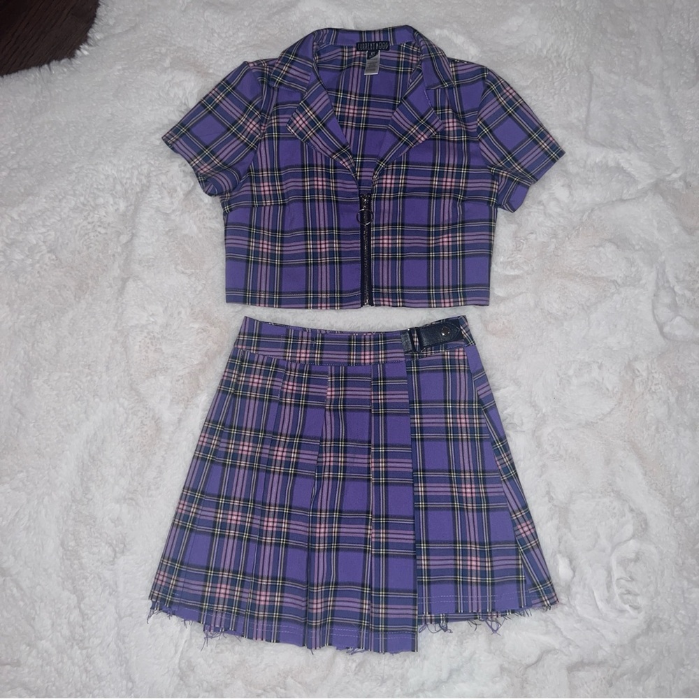 Dolls kill purple plaid crop top and skirt set